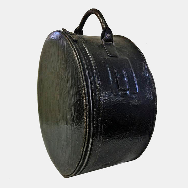Large Zippered Black Hatbox - Etsy Vintage Black Round Leather Hat Box with zipper and handle main image 1