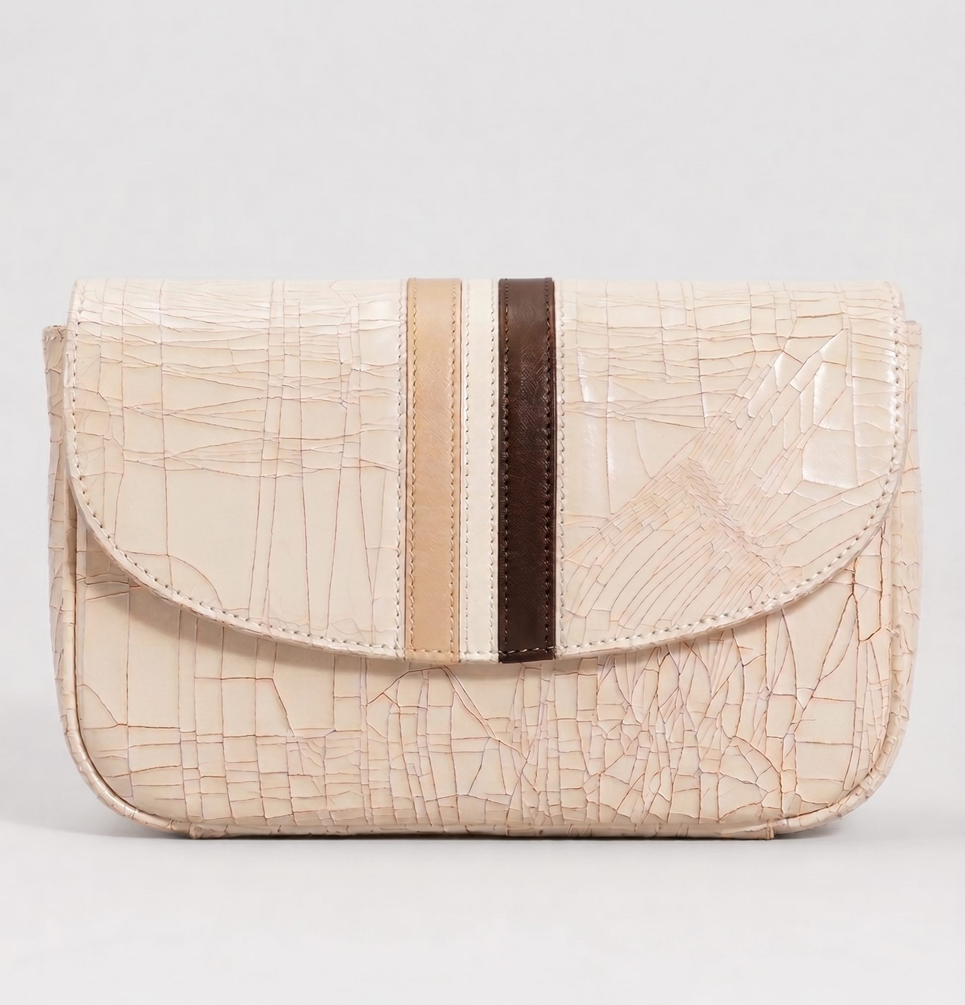 Beige textured handbag with brown strap on a light gray background