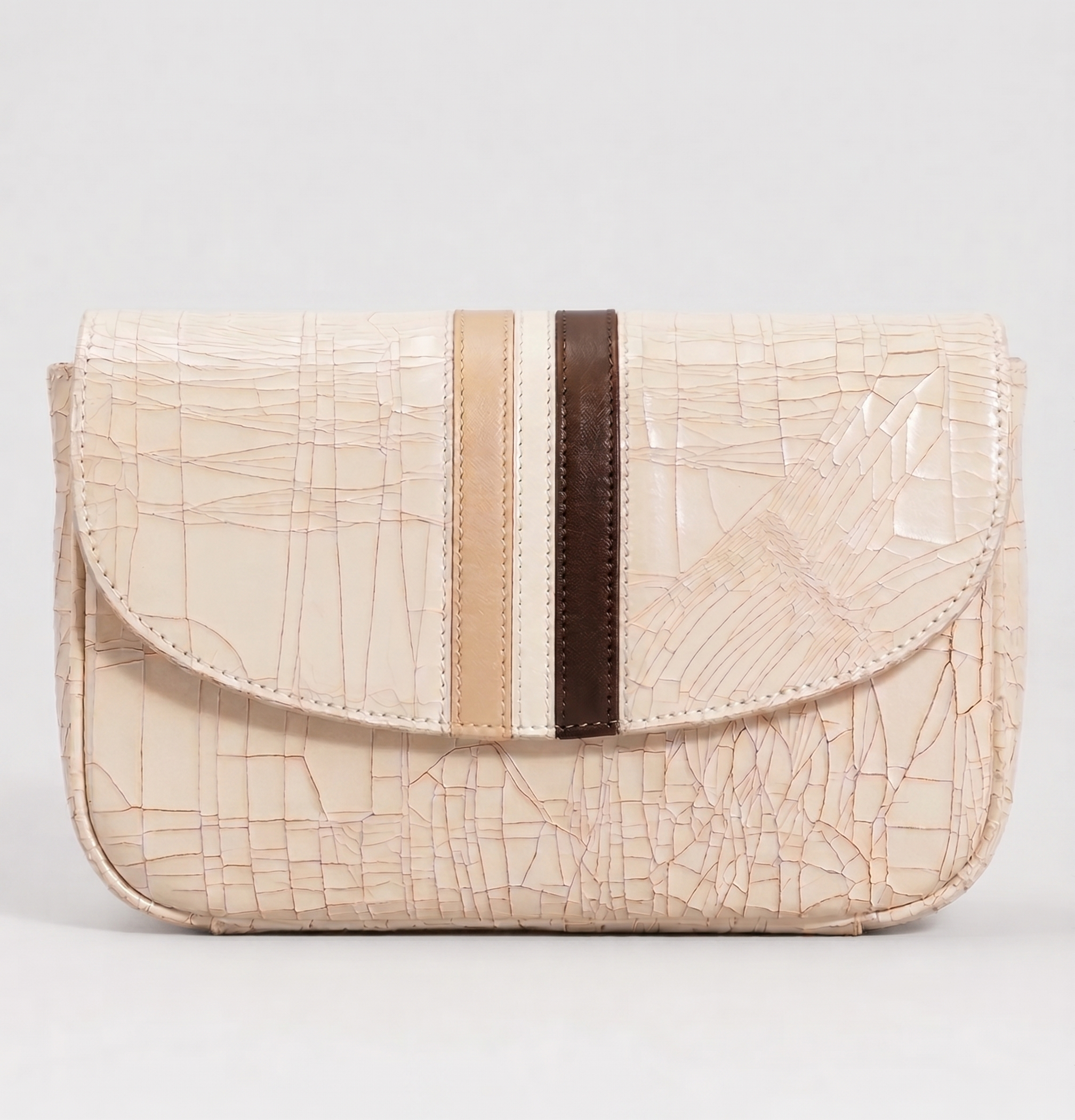 Beige textured handbag with brown strap on a light gray background