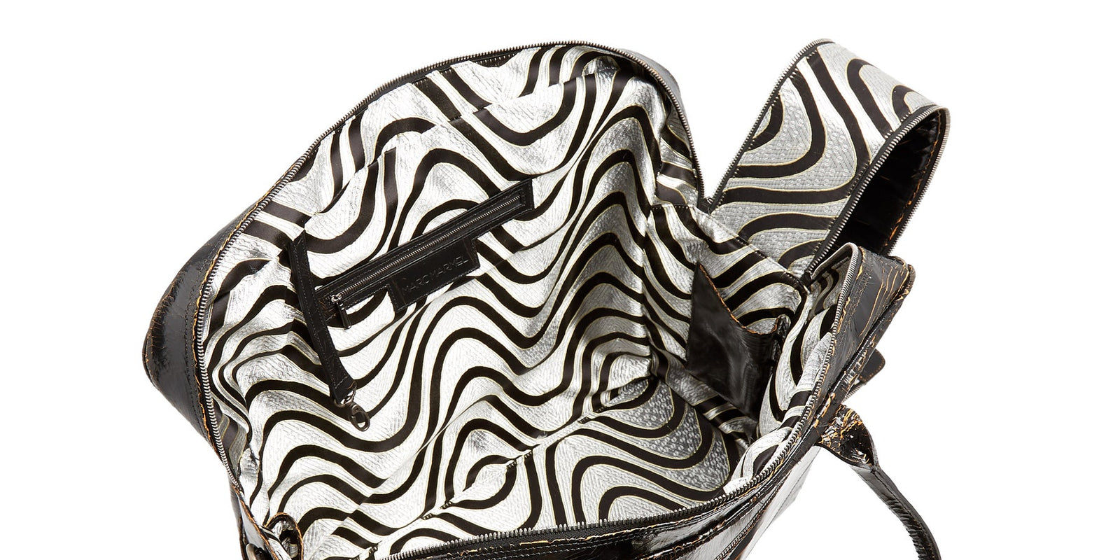 Open leather bag with silk lining