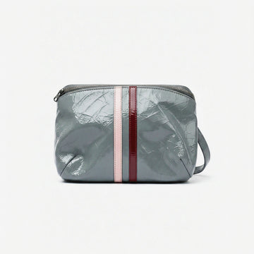 Gray crossbody bag with red and pink stripes on a white background