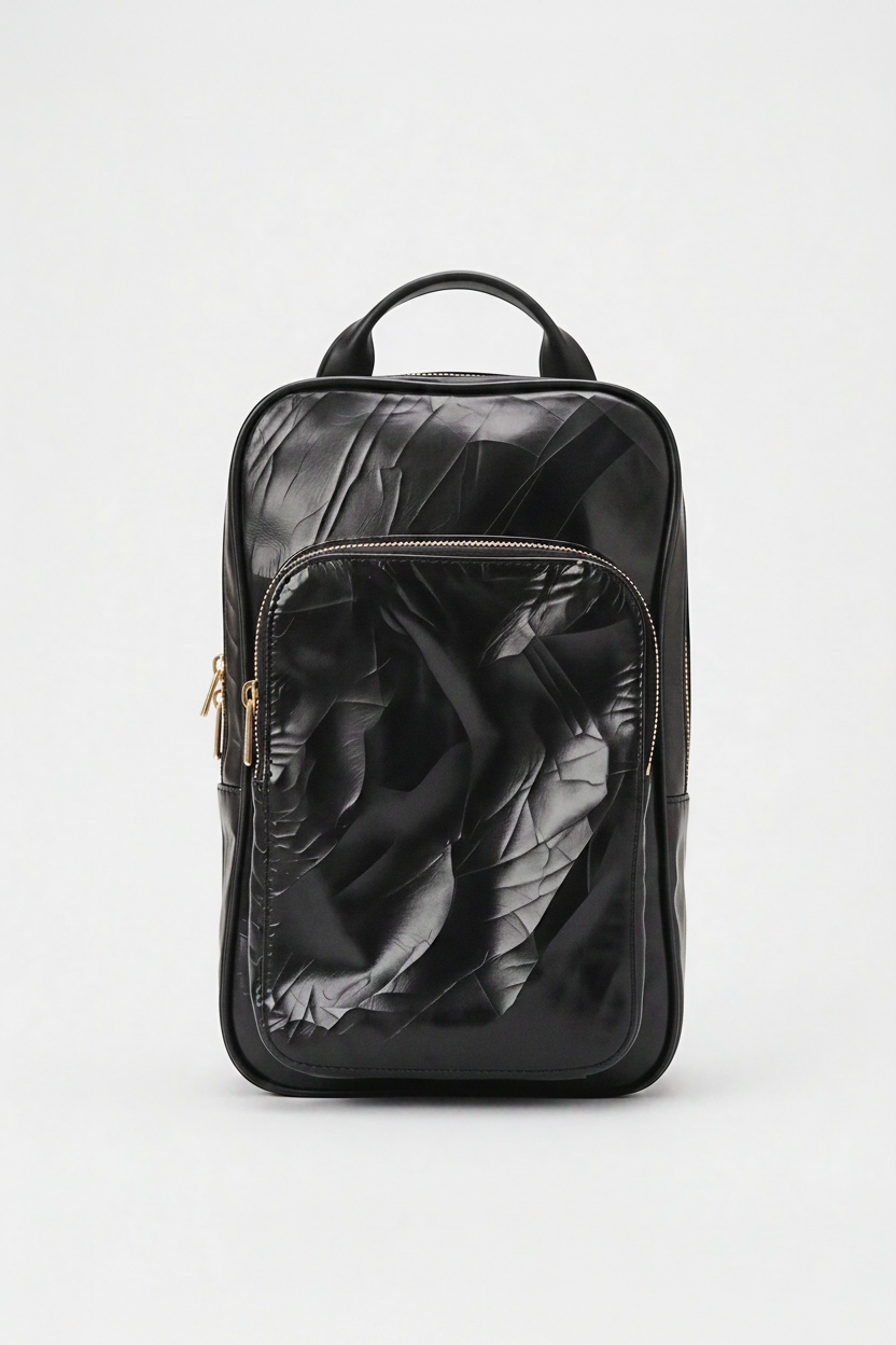 Black leather backpack on a white background