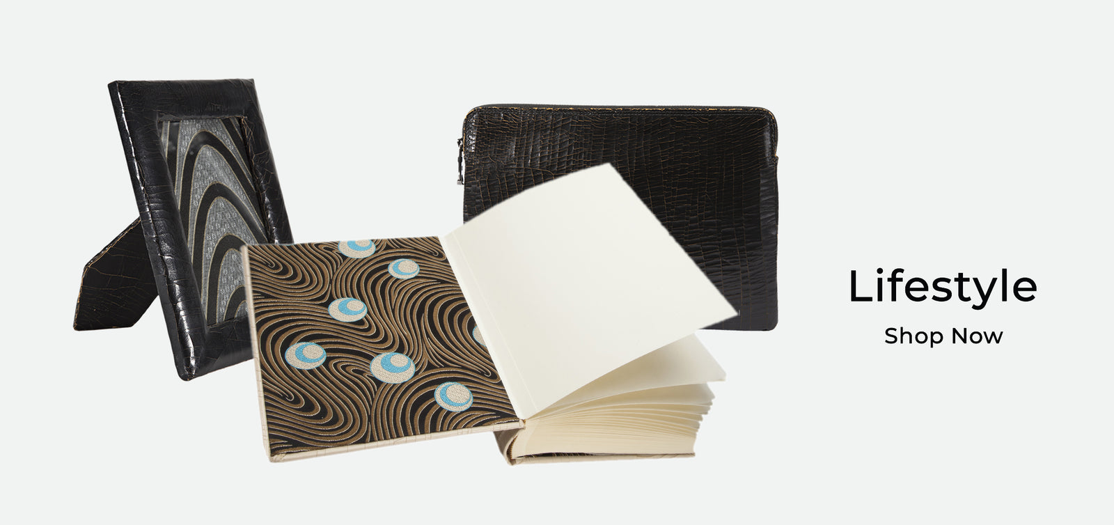 Leather bound frame, book and bag with lifestyle button 