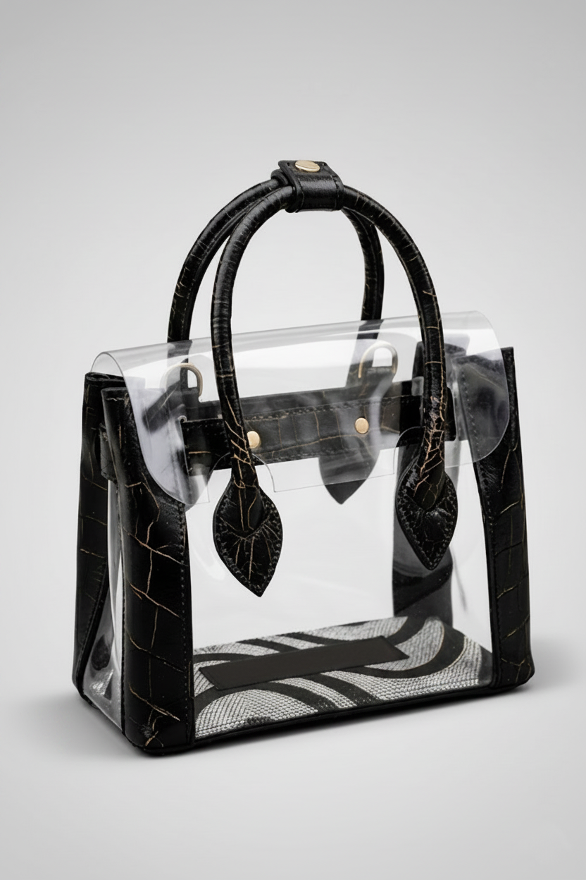 Clear handbag with black handles and accents on a light gray background