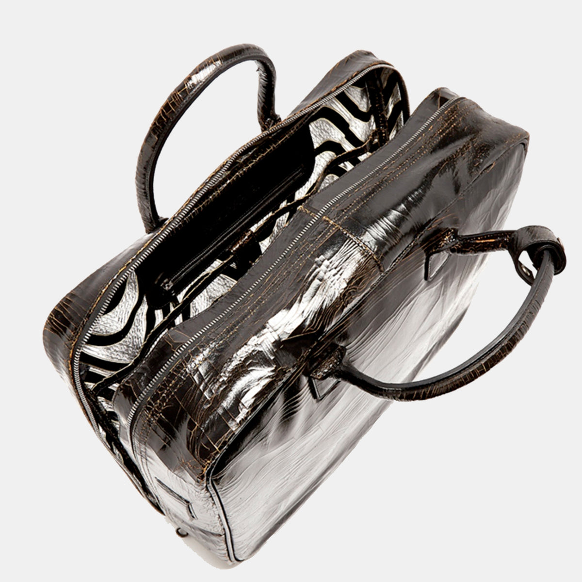 Black luxury leather Midi Benny Bag Luggage by Marc Marmel, showing its sleek design and sturdy handles on a plain background.