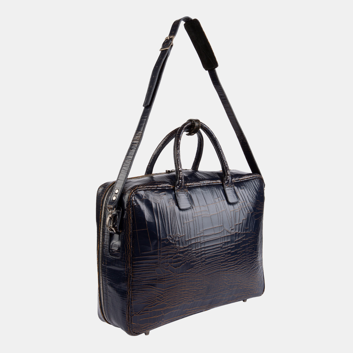 Marc Marmel Midi Benny Bag Luggage in navy leather with gold hardware, featuring a structured design and top handle for travel use.