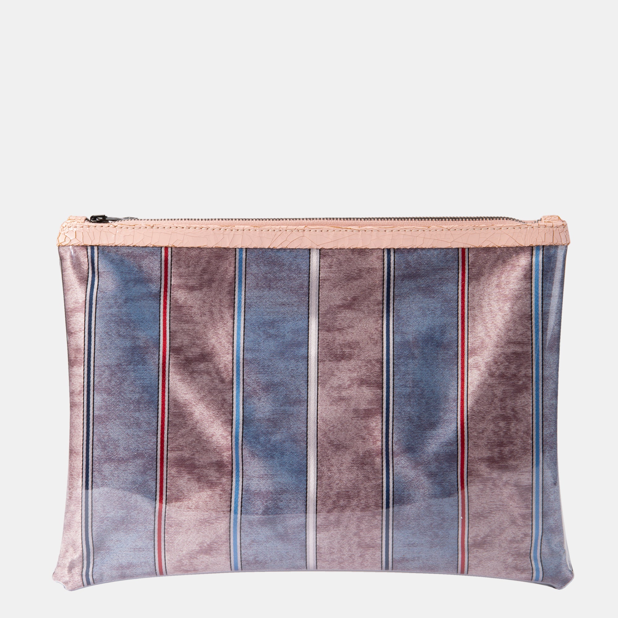 Luxury leather sustainable silk rectangular pouch encased in ecofriendly polyurethane.