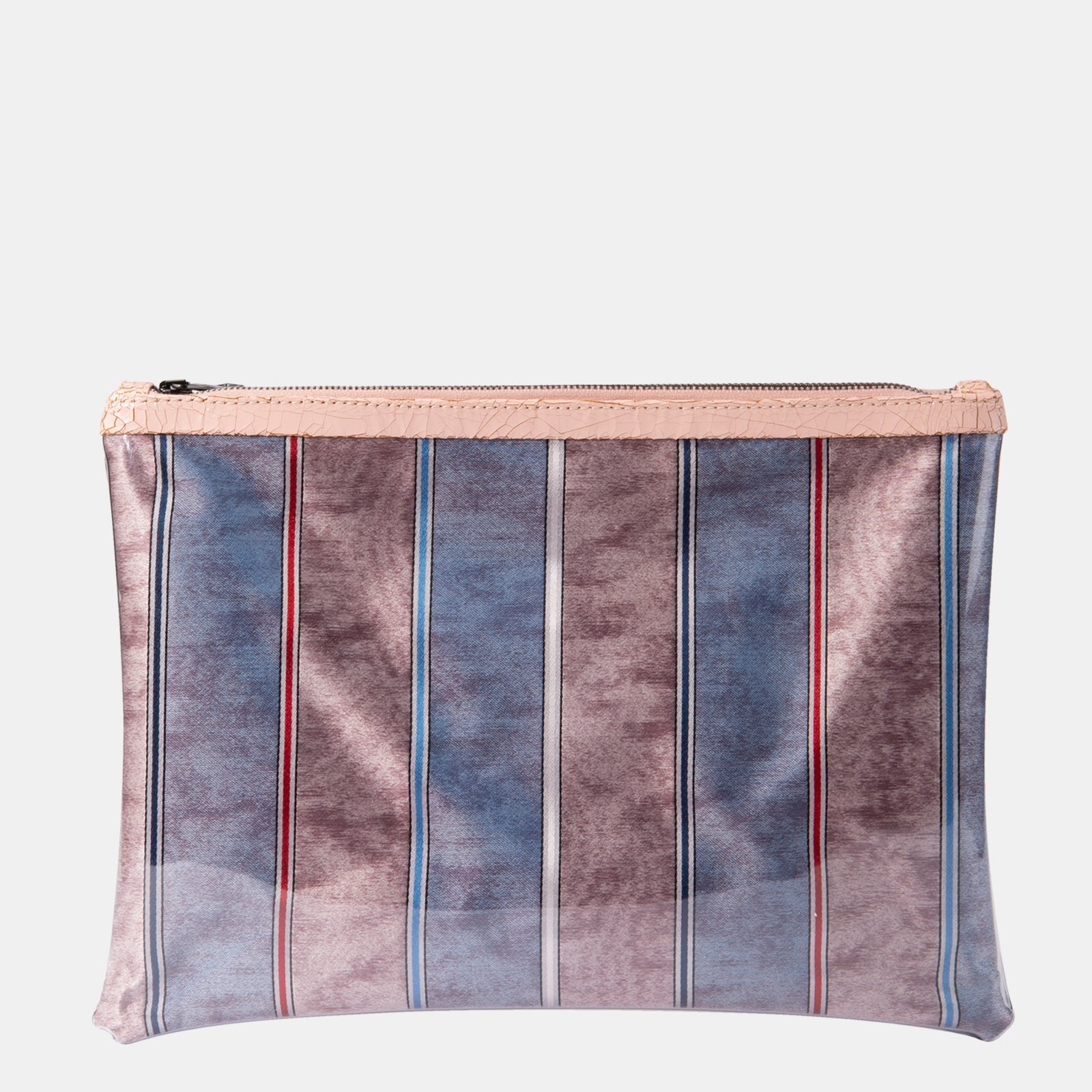 Luxury leather sustainable silk rectangular pouch encased in ecofriendly polyurethane.