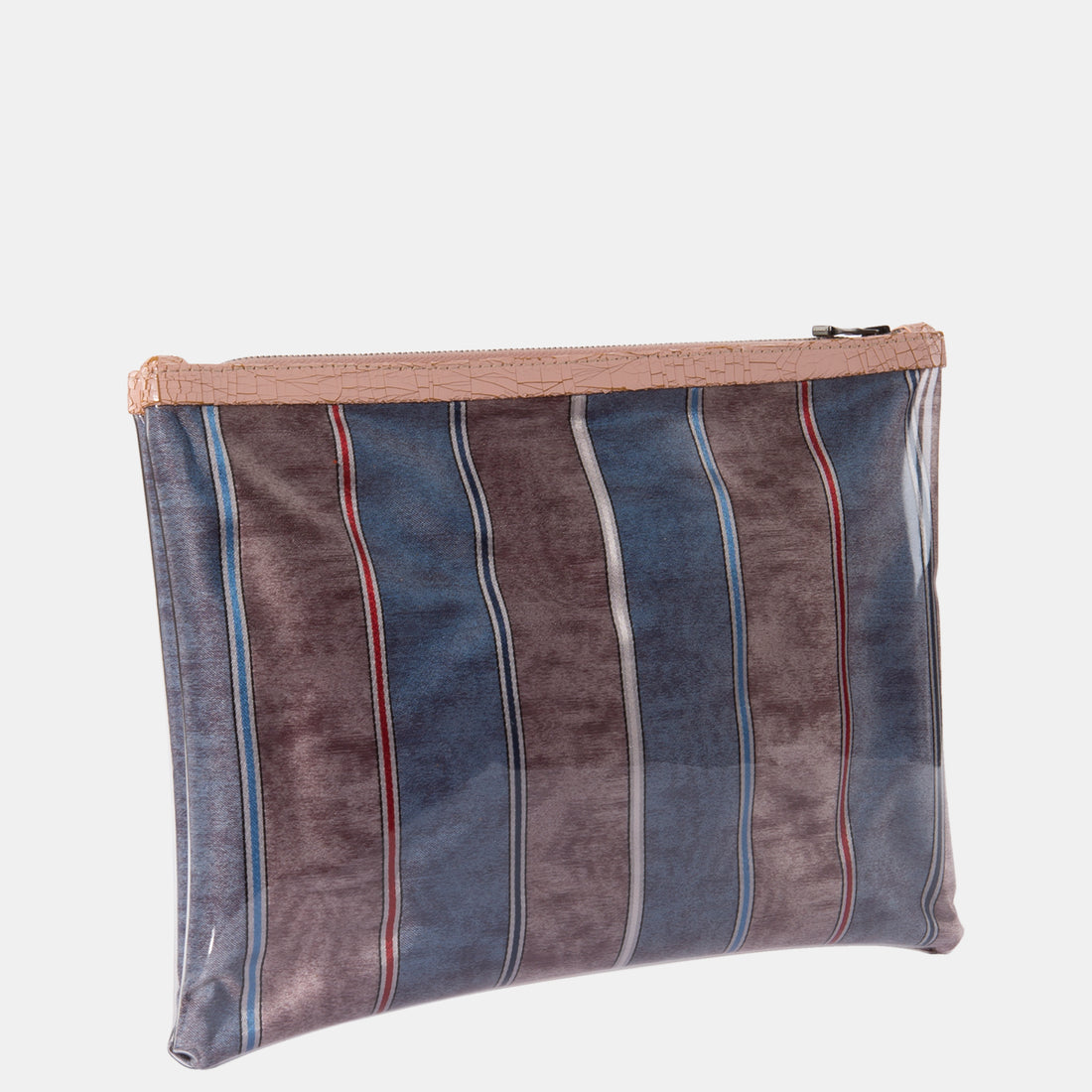 Luxury leather sustainable silk rectangular pouch encased in ecofriendly polyurethane.