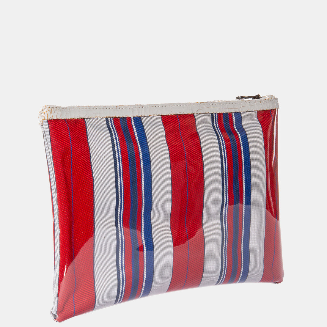 Luxury leather sustainable silk rectangular pouch encased in ecofriendly polyurethane.